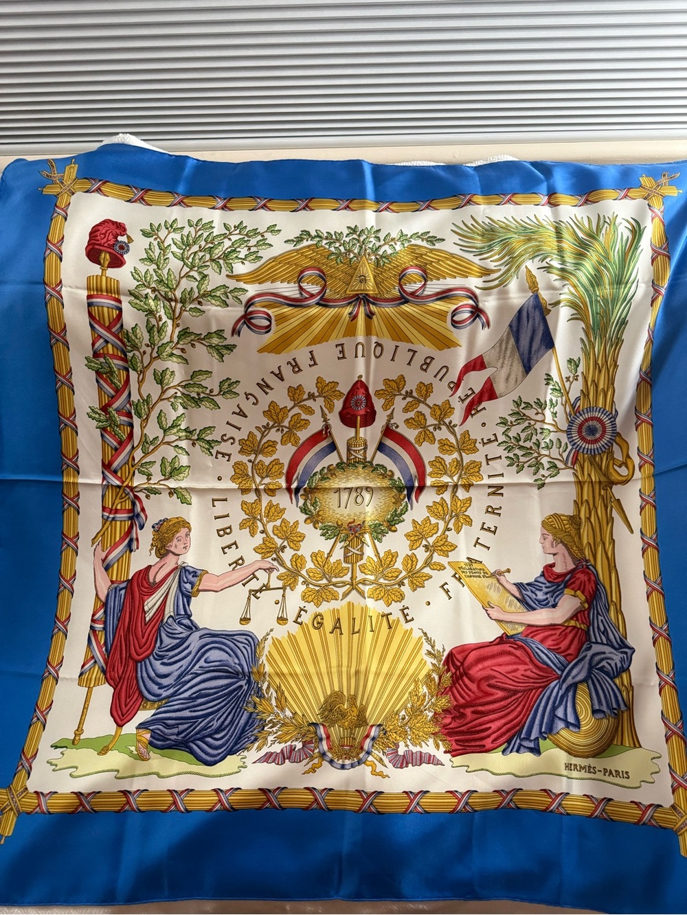 Hermès Paris Blue, Red and Cream Silk Scarf - Liberté Égalité Fraternité